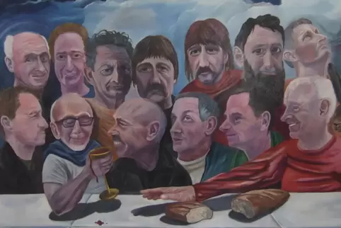 „Abendmahl“ nennt der Künstler Karl Geistlich dieses metergroße Gemälde. Er selbst ist gleich zweimal hinten in der Bildmitte de