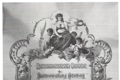 Von Jacob Mayer ist allem Anschein nach kein Porträtfoto überliefert. Dies ist die Urkunde seiner Ernennung zum Ehrenbürger. 