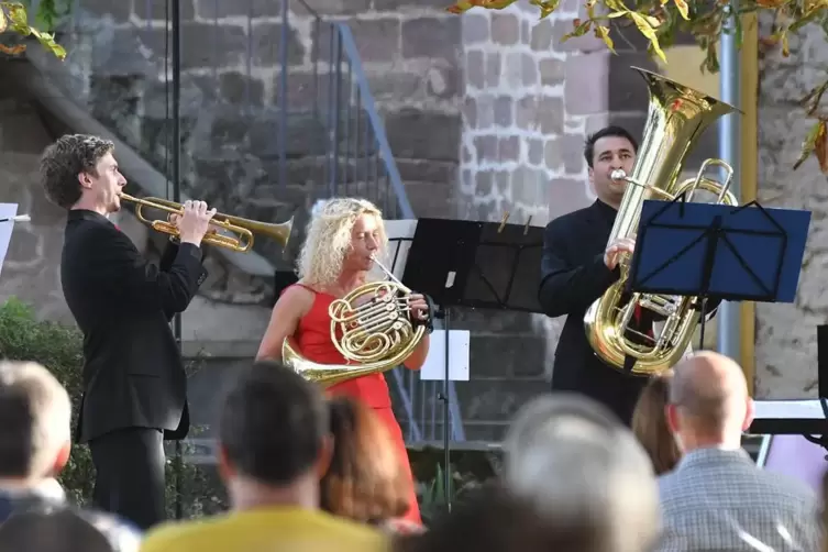 Stefan Michels, Sabine Roschy und Tobias Elsäßer (von links) von Brass 4.1 bei dem tollen Auftritt im Herxheimer Schlossgarten.