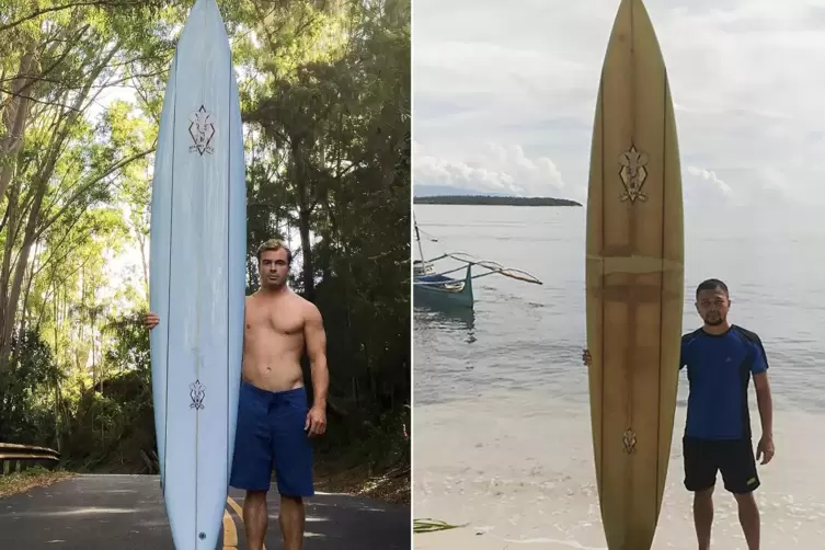 Zwei Männer und ein Surfbrett: Doug Falter (links) und Giovanne Branzuela. 