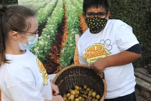 Johanna und Hyusein mit den frisch ausgebuddelten Kartoffeln. 