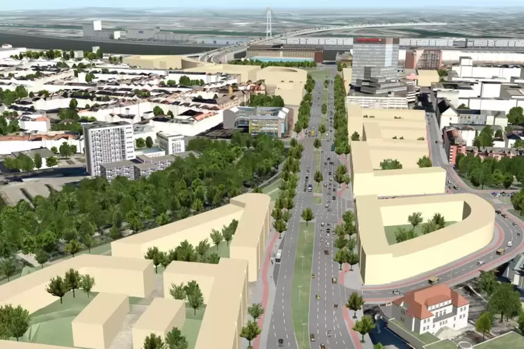 Ursprünglicher Entwurf für die 860 Meter lang geplante ebenerdige Stadtstraße. Ab 2026 soll sie zehn bis 15 Meter südlich versch