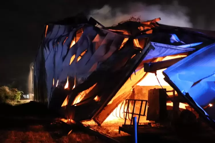 Müll-Halle in Flammen: Den Schaden nach dem Großbrand auf dem Deponiegelände in Heßheim am Donnerstag schätzt die Polizei auf et