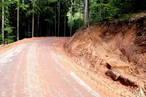 Der Weg ist bald fertig, rechts die Böschung hoch sind Spuren von Mountainbikern zu erkennen. 