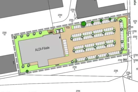 So sieht die Aldi-Planung aus: Rechts sind Parkplätze vorgesehen, im Norden eine kleine Fahrradabstellanlage. 