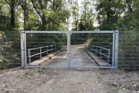 Dieses Tor sperrt den Übergang vom Altrheinpfad zum Werksgelände von Willersinn. Der Pfad selbst ist durchgängig begehbar. 