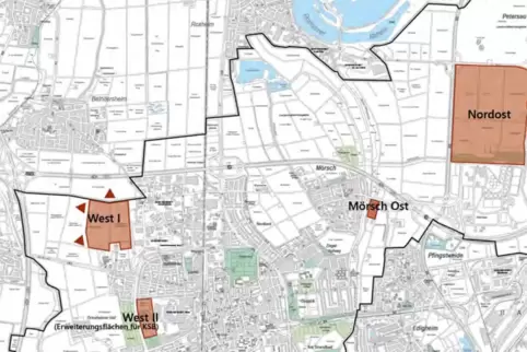 Blick auf das nördliche Stadtgebiet: Orange markiert sind Flächen, die als Gewerbegebiete infrage kommen. 