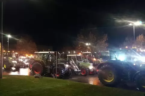 Mit rund 30 Traktoren haben Landwirte aus der gesamten Pfalz und Rheinhessen am Sonntagabend das Aldi-Zentrallager in Grünstadt 