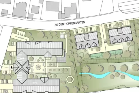 Entlang der Winnweilerer Straße „An den Hopfengärten“ sollen mehrere Wohnhäuser errichtet werden. Das Seniorenheim ist im 90-Gra