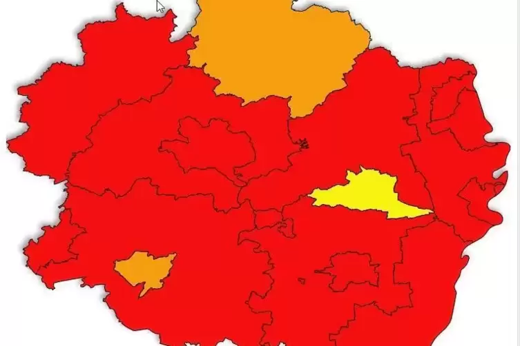 Übersicht Risikogebiete (rot) in der Pfalz.