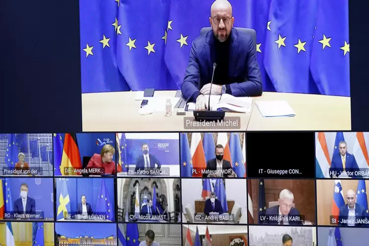 Charles Michel, Präsident des Europäischen Rates, (oben) und die europäischen Staats- und Regierungschefs beim Videogipfel am Do