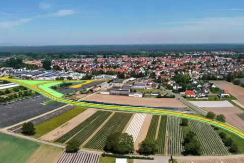 Die geplante Südtangente von Dudenhofen zwischen der L537 und der K27 (rechts im Bild). 