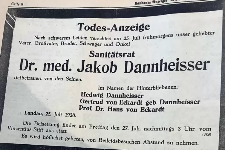 Sanit&auml;tsrat Jakob Dannheisser war ein weiterer Azt j&uuml;dischen Glaubens in Landau. 