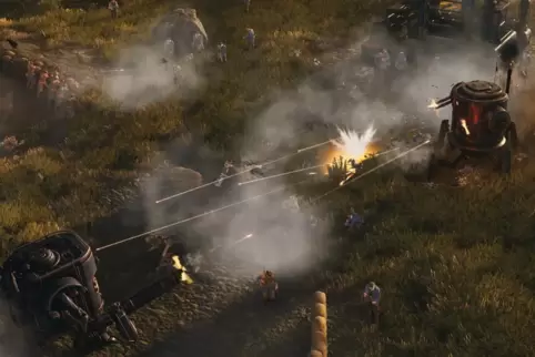In „Iron Harvest“ stehen sich drei Kriegsparteien mit – im späteren Spielverlauf – haushohen Kampfrobotern gegenüber.