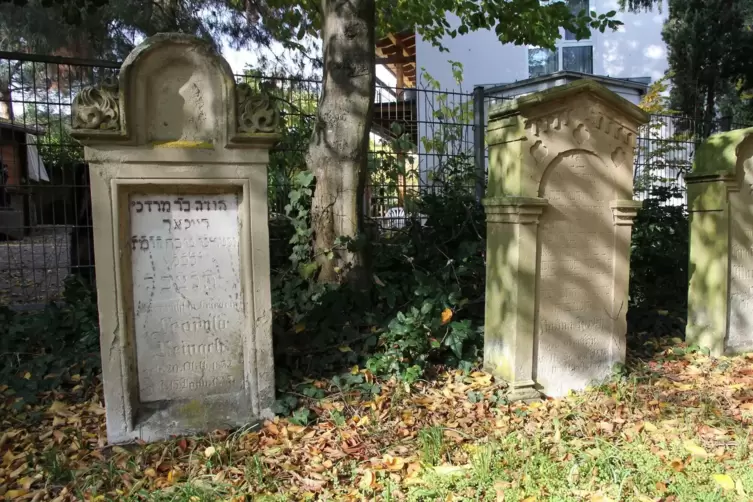 Links der Grabstein von Leopold Reinach, der im 19. Jahrhundert wohl die Geschicke der Deidesheimer Synagoge mit geleitet hat. 