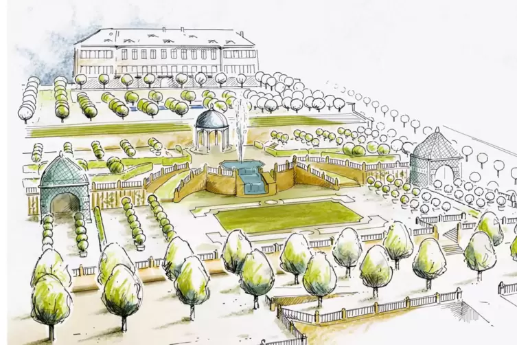 So könnte der Terrassengarten in einigen Jahren aussehen. Oben: das frühere fürstliche Ballhaus. 
