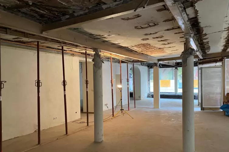 Zwei Sorten Pfeiler: Links Teleskopsprie&szlig;e f&uuml;r die dar&uuml;ber liegende Wand, rechts Metallst&uuml;tzen mit ornamentalem Kopf.