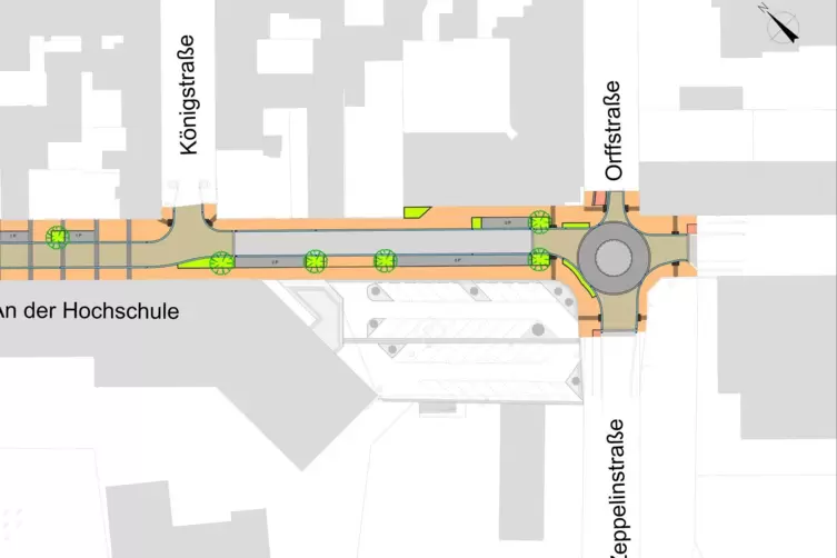 &Uuml;ber einen Mini-Kreisel wird der Verkehr zuk&uuml;nftig in die Stra&szlig;e An der Hochschule geleitet. 
