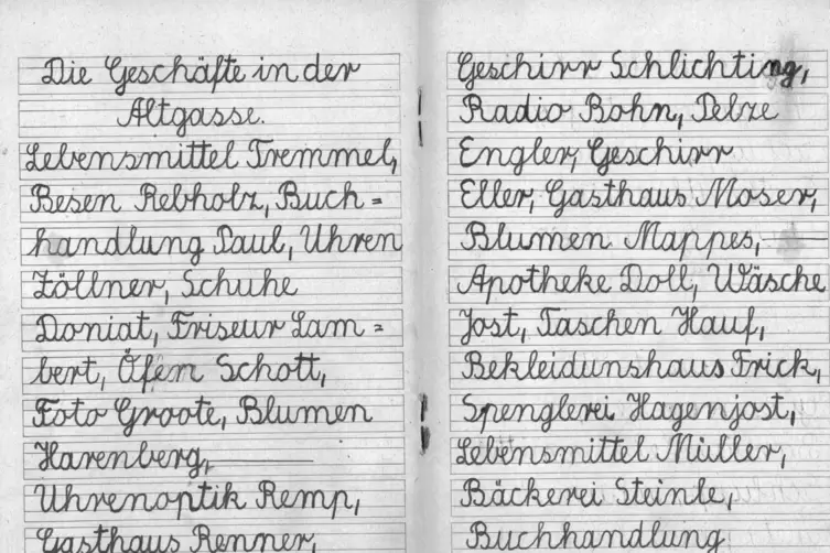 In ihrem Schulheft hat Elfriede Rapp 1950 alle Geschäfte aufgeschrieben, die es in Grünstadts Hauptstraße gab. 