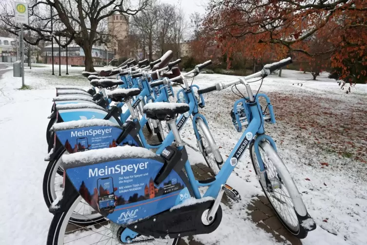 Straßenglätte in Speyer: Viele Fahrräder blieben am verschneiten Dienstag stehen; im Kraftverkehr kam es zu Unfällen.