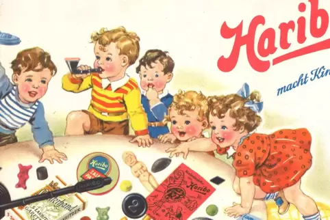 Ein Werbeplakat des Süßwaren-Herstellers Haribo mit dem Werbeslogan „Haribo macht Kinder froh“ aus den 1950er-Jahren. 