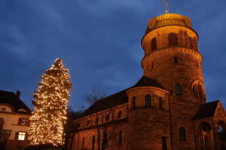 Alle Jahre wieder ein Blickfang: der Weihnachtsbaum vor der katholischen Kirche in Rockenhausen. Für einen Euro kann man Lichter