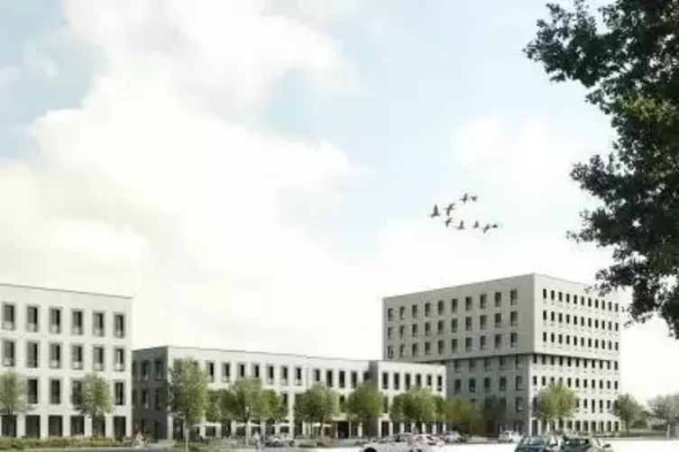 In einem der drei Geb&auml;ude wird auch eine Gastronomie mit Terrasse untergebracht (Bildmitte). 