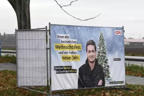 An zwölf Standorten waren die Banner mit dem Weihnachtsmotiv von Christian Baldauf im Stadtgebiet platziert – hier eine Aufnahme