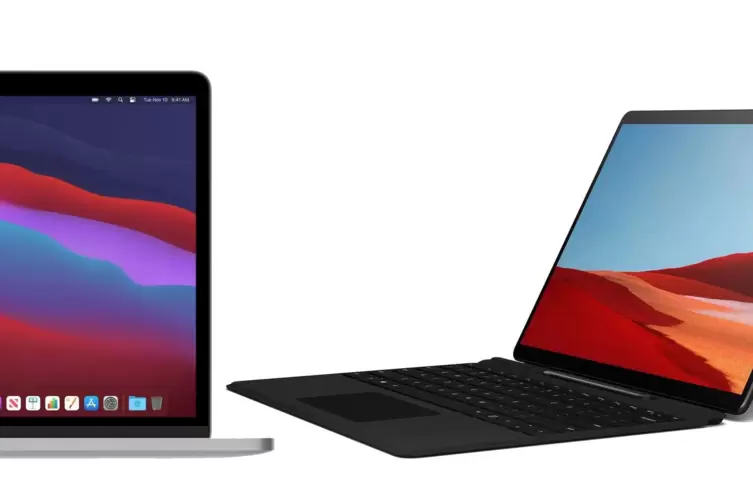 Links ein neues MacBook Pro, rechts ein Surface-Rechner von Microsoft. Beide mit ARM-Chips, die angetreten sind, um dem Platzhir