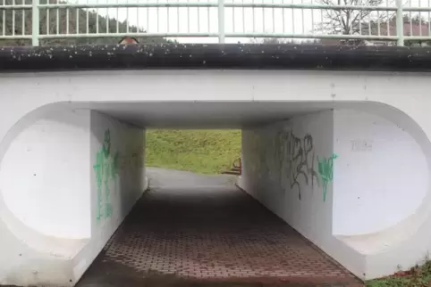 Die silbernen Schmierereien sind neu, die grüne Farbe ist schon länger an den Wänden der Unterführung. 