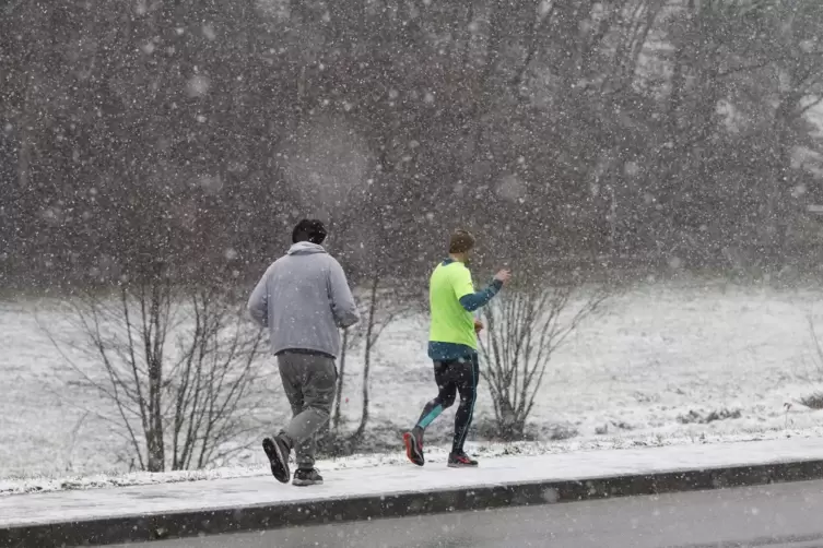 Auch das Schneetreiben bringt die zwei Läufer nicht von ihrem Ziel ab. Eisern fressen sie am Straßenrand Kilometer. 
