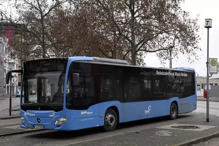 In einheitlicher Lackierung unterwegs: die blauen Busse des Linienb&uuml;ndels Frankenthal. 