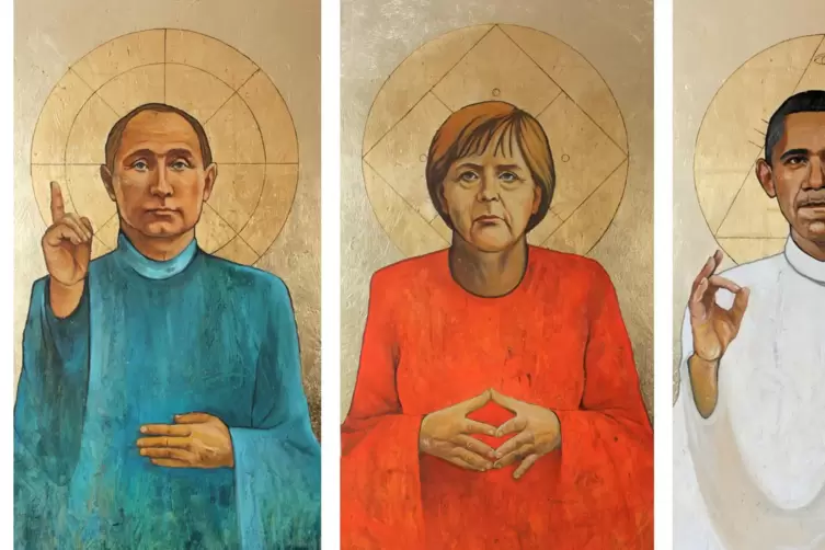 Politiker im Ikonenstil: Olga Davids Bild „Barack - Angel - Vladimir“ spielt mit dem Gegensatz alter Technik und Gegenwartspolit