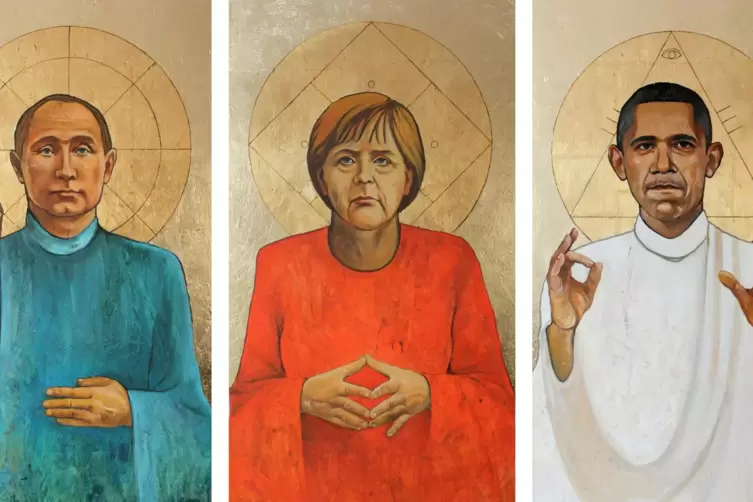  Im Ikonenstil: &bdquo;Barack &ndash; Angela &ndash; Vladimir&ldquo;. 