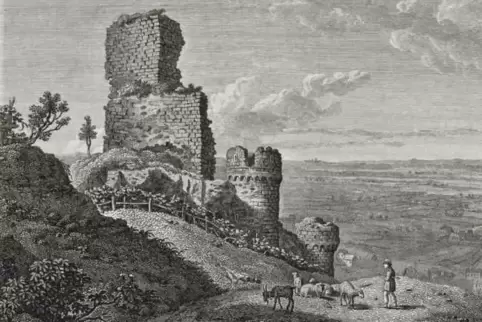 „Ruinen des Bergschlosses bey Wachenheim“ ist der Titel dieses Stichs von J. Roux, der in dem Buch „Malerische Ansichten des Rhe