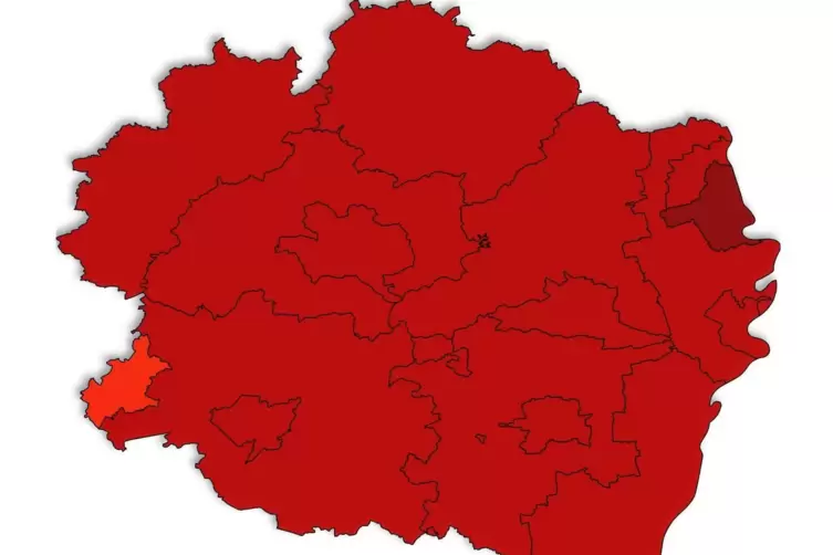 Diese Einfärbung kann sich noch ändern, weil für Pirmasens und Zweibrücken keine Neuinfektionen vom Landesuntersuchungsamt gemel