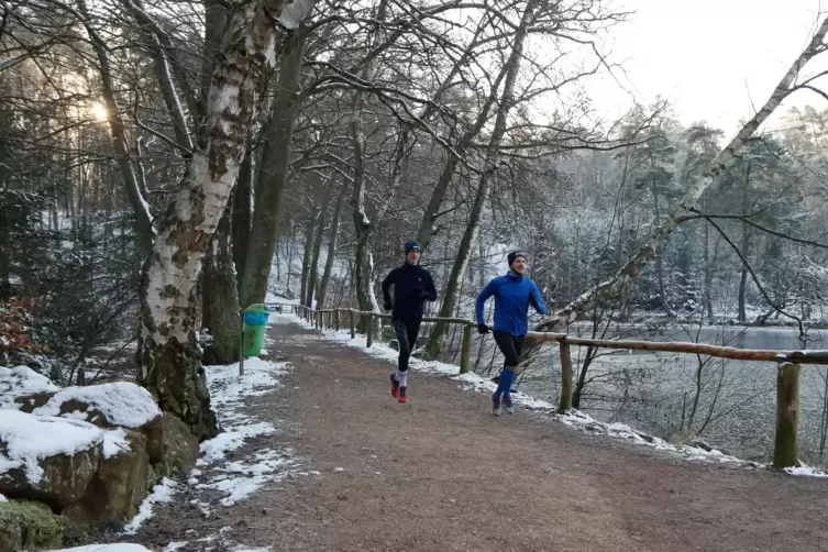 Winterlicher Glanz rund um den Sippersfelder Weiher: Max Rahm (links) und Fabian Schmitt genießen die Laufstrecke.