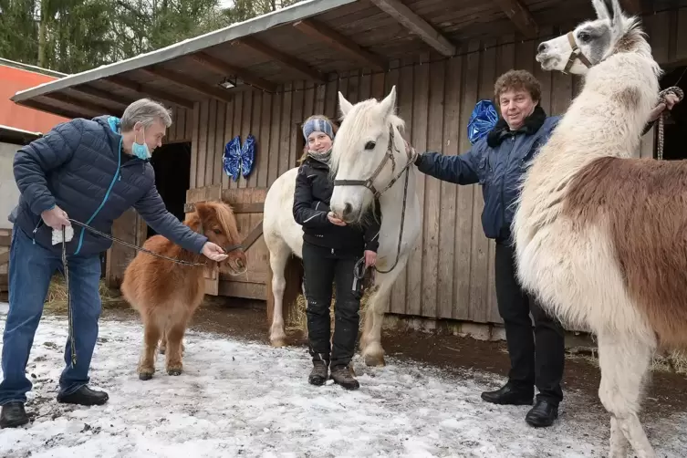 Pony Ali, Stute Jessy und Lama Hugo freuen sich mit Jakel Bossert und Tochter Ann-Karin über den Besuch von Albert Koch (links).