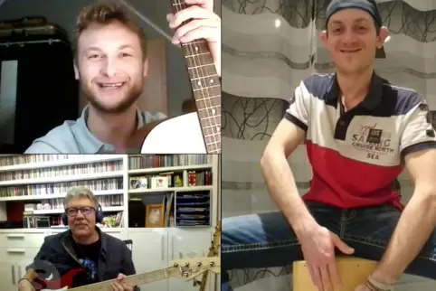 Bei Konzerten und der Studioarbeit unterstützt Bassist Klaus Luckert (links unten) das Duo Stephan Scholz (links oben) und David