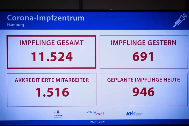 Alles genau aufgeschlüsselt: eine Info-Tafel in einem Impfzentrum in Hamburg.