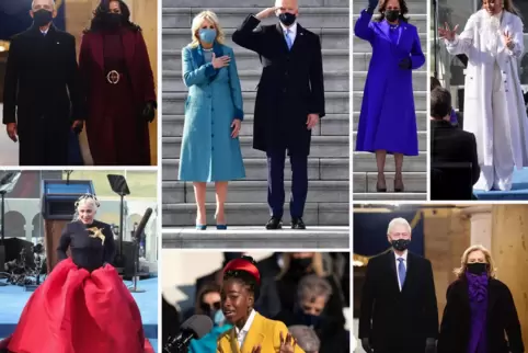 Modenschau Präsidenteninaugaration: links unten Lady Gaga, Vizepräsidentin Kamala Harris im Yves-Klein-blauen Königinnenmantel. Modenschau Präsidenteninaugaration: links unten Lady Gaga, Vizepräsidentin Kamala Harris im Yves-Klein-blauen Königinnenmantel.
