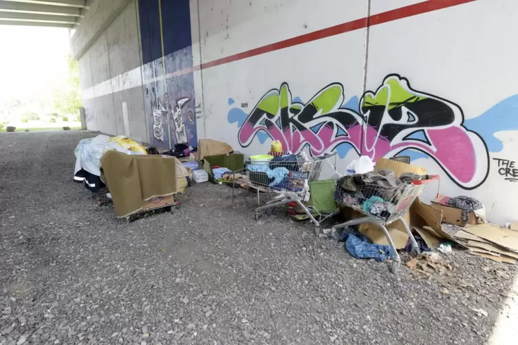 Ein Obdachlosenlager unter der Konrad-Adenauer-Brücke in Ludwigshafen.