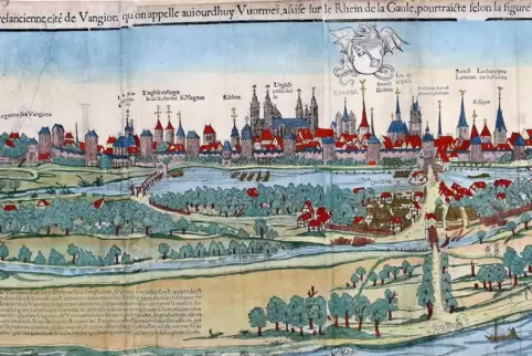 Der kolorierte Holzschnitt aus der „Cosmographia“ von SebastianMünster zeigt die Stadt Worms um 1550. 