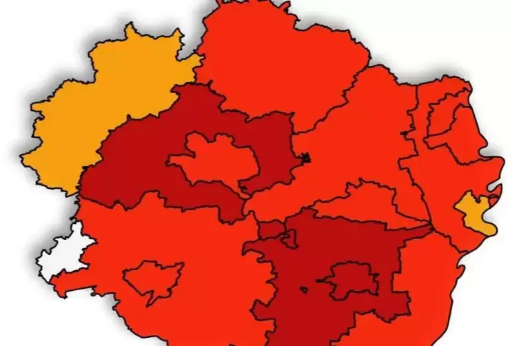Eine Region ist auf der Corona-Karte nun wieder weiß: Zweibrücken mit einer Sieben-Tage-Inzidenz von 11,7. 