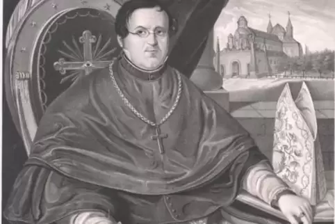 Vor einem Bild des Speyerer Dom: Bischof Johannes von Geissel. 