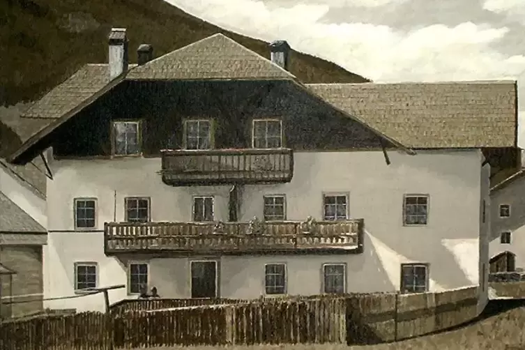 Die 1970er Jahre: Das alte Haus der Wirtsfamilie Egger in der Ortsmitte von St. Valentin, bevor es gesprengt wurde. Das Gem&auml;lde 