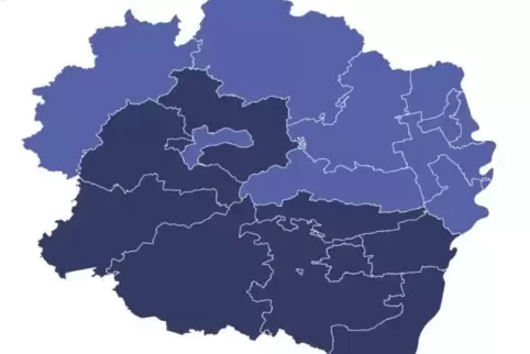 Die 18 Wahlkreise der Pfalz für die Landtagswahl 2021: Bei den dunkel eingefärbten Gebieten hat sich der Wahlkreiszuschnitt verä