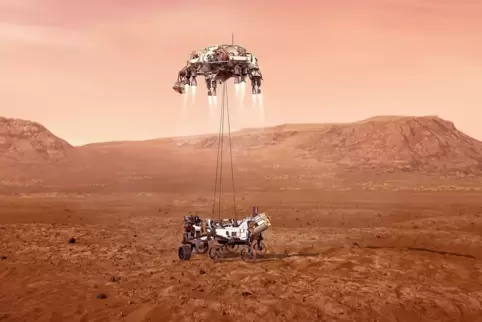 Die Illustration zeigt „Perseverance“ bei der erhofften Landung auf dem Mars. 