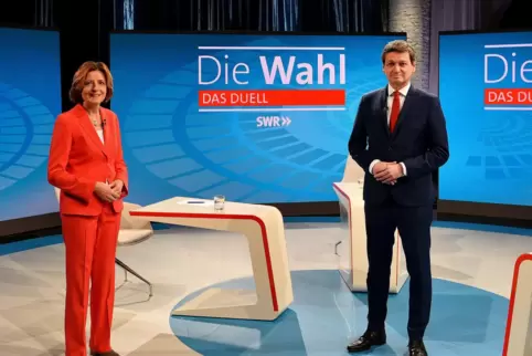Ministerpräsidentin Malu Dreyer und Oppositionsführer Christian Baldauf im SWR-Studio. 