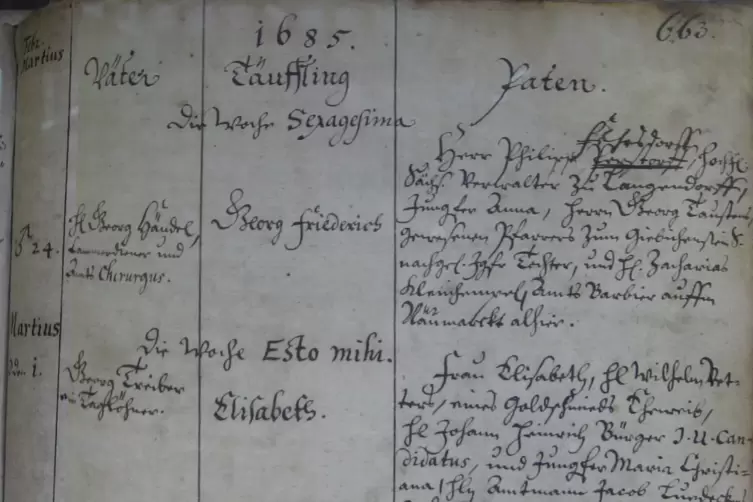 Aus dem Kirchenbuch der Marktkirche Halle: Eintrag zu Georg Friedrich Händels Taufe. 